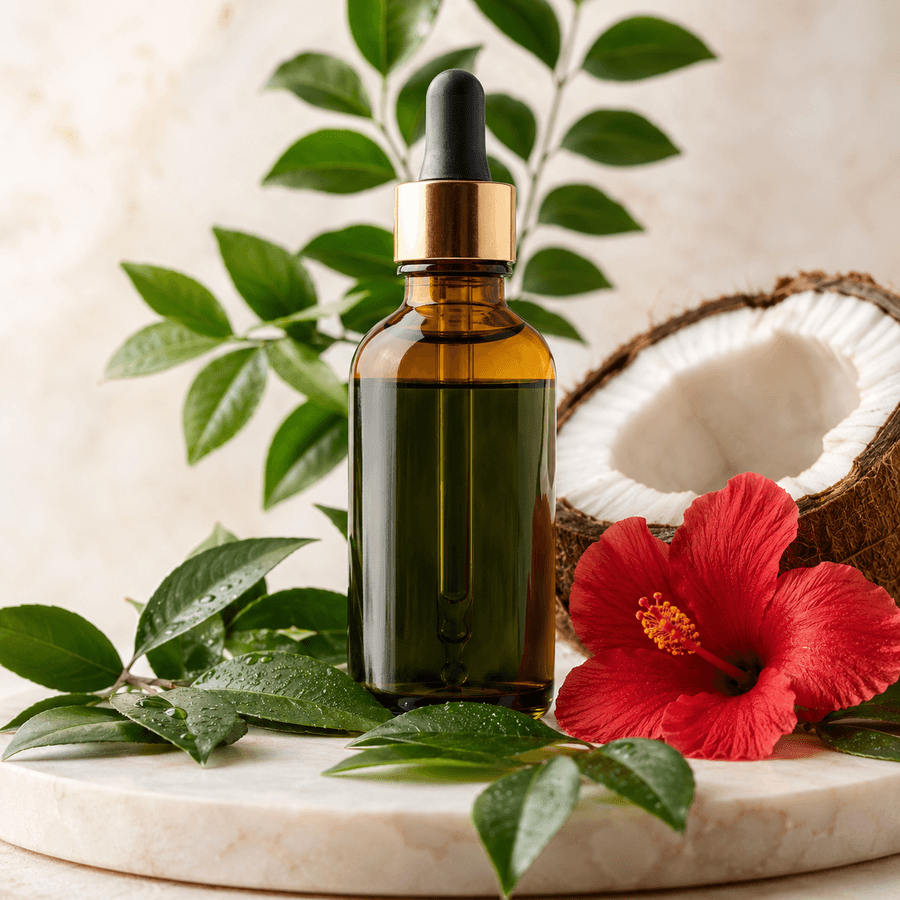 Herbal Hair Oil bottle with fresh herbs