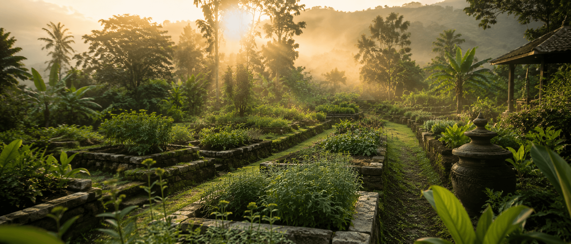 Sri Lankan herb garden at dawn — the raw botanicals behind every formulation